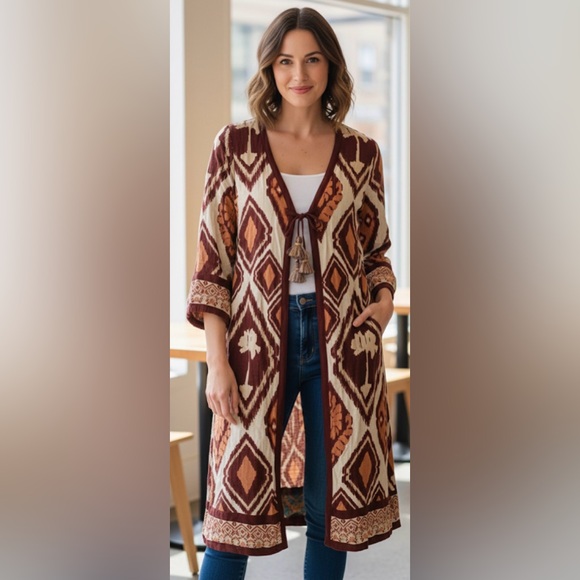 Soft Surroundings Sweaters - SOFT SURROUNDINGS Lelani Apricot Brown Ikat Gauze Topper Cardigan Kimono Small
